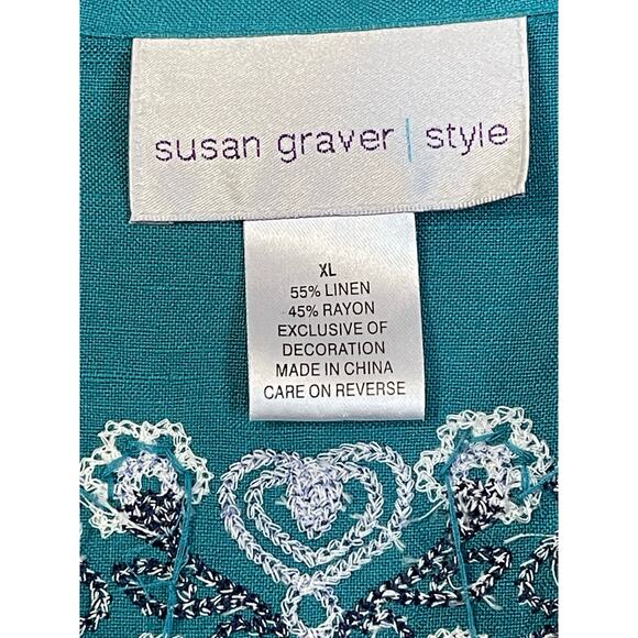 Susan Graver Linen Rayon Long Sleeve Shirt Embroidered & Beaded Teal Green XL - Picture 8 of 10